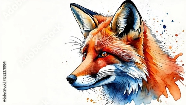 Obraz Detailed animal headshot with fine ink outlines and expressive watercolor strokes in vivid blues, oranges, and browns, enhanced by splattered paint accents.