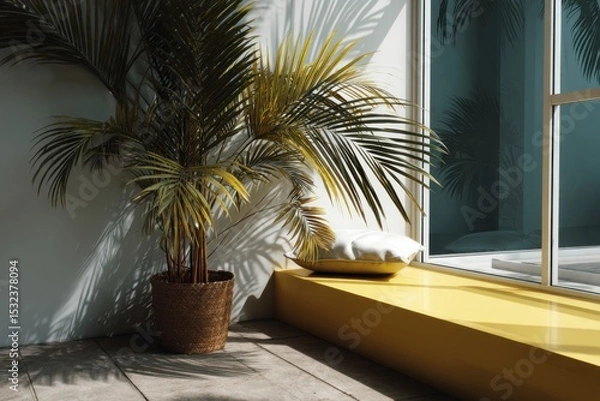 Fototapeta Serene Interior Sunlight: A potted palm graces the scene near a sunlit window and a soft pillow creating a moment of sun-drenched tranquility and inviting a sense of comfort, home, and peace.