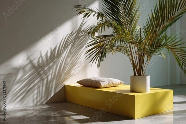 Fototapeta Bright Corner: A vibrant scene of modern elegance unfolds with a potted plant in a geometric yellow block casting shadows on a sunlit interior.