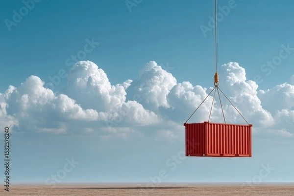 Fototapeta Red shipping container suspended from a crane against a clear blue sky with fluffy white clouds