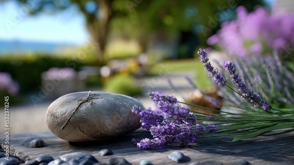 Fototapeta Serene Lavender Garden: A close-up view of a serene outdoor scene featuring lavender flowers and a weathered stone, evoking peace and tranquility.