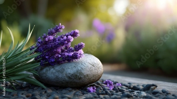 Fototapeta Zen Lavender Garden: A calming scene unfolds featuring delicate lavender blossoms resting serenely atop a smooth, weathered stone, all set against the backdrop of a verdant, sun-dappled garden.