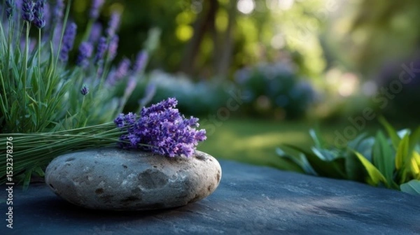 Fototapeta Lavender Serenity: A close-up of fragrant lavender blossoms rests on a weathered stone amidst a tranquil garden, capturing a scene of peace, aroma and natural beauty.