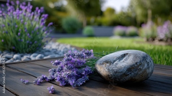 Fototapeta Zen Garden Serenity: A harmonious composition of lavender flowers and a smooth stone on a wooden surface. Evoking tranquility and the beauty of nature in a meticulously landscaped setting.