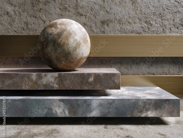 Fototapeta Stone Sphere on Stacked Slabs: A weathered stone sphere rests serenely atop a stack of subtly textured stone slabs.