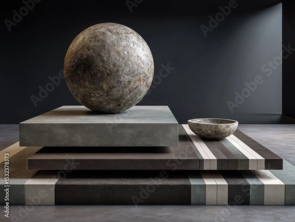 Fototapeta Stone sphere on levels: A large, textured stone sphere rests atop a series of layered platforms and a small bowl, set against a sleek, minimalist backdrop, creating an abstract.