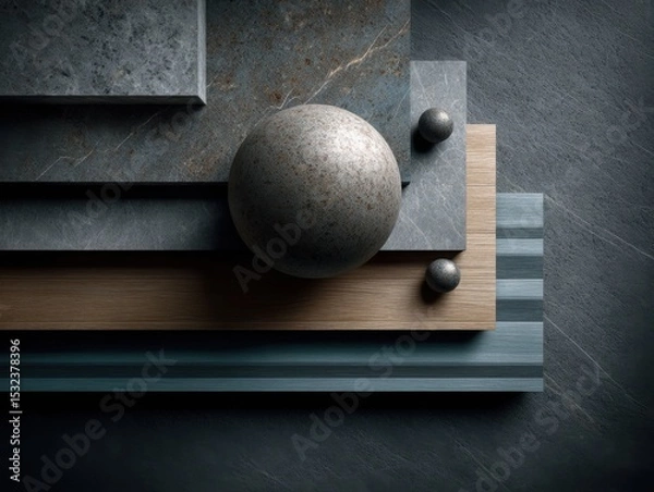 Fototapeta Stone Sphere and Layered Materials: A dark grey sphere rests on a layered arrangement of slate, wood, and metal, creating a visually striking composition. The image evokes a sense of texture, balance.