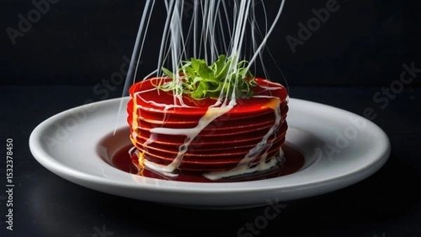 Fototapeta Stacked Red Pancakes Garnished with Greens and Sugar Threads on White Plate