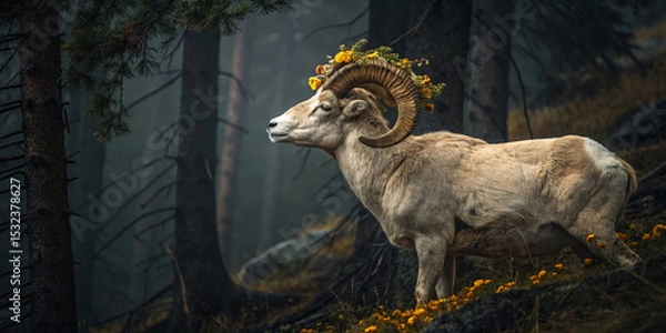 Obraz Majestic Ram with Flourishing Golden Flowers and Enigmatic Horns in a Dark Forest Setting