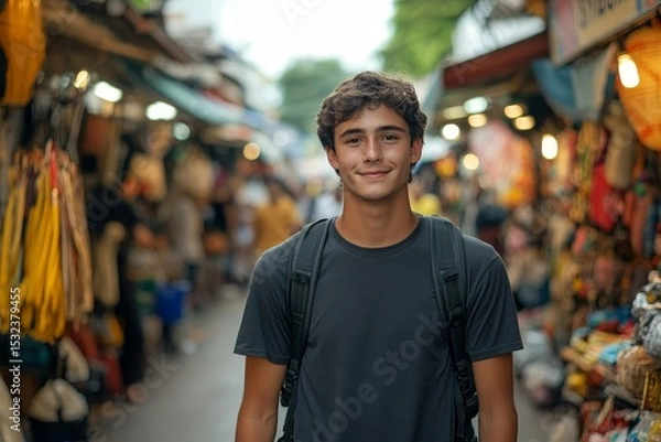 Fototapeta Backpacker journey destination concept: Young tourism student traveling through a market street in Southeast Asia during their summer vacation, exploring the local culture, Generative AI
