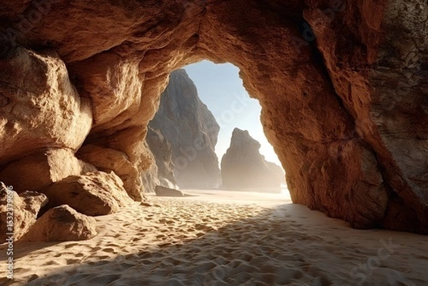 Obraz Sunlight streaming through the large sea cave illuminates the sandy beach, revealing a stunning view of the ocean and majestic cliffs in the distance, evoking a sense of tranquility and beauty