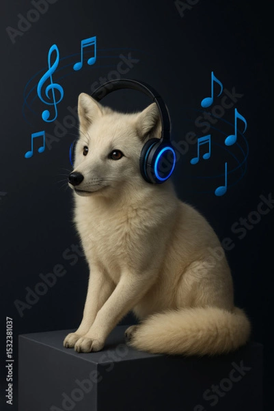 Obraz "Arctic Fox with Glowing Headphones | Minimalist Music Concept with 3D Notes on Dark Gradient"
