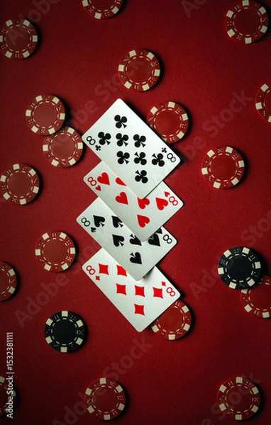 Fototapeta A set of four eights of playing cards laid out on a dark red surface, surrounded by colorful poker chips, creates a lively atmosphere for a game night