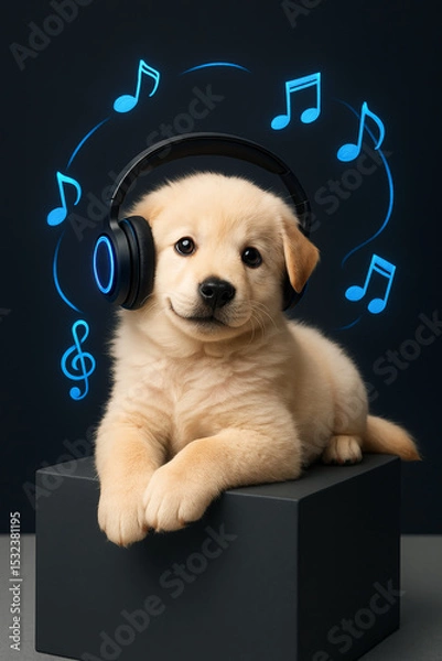 Obraz "Puppy with shining headphones | Minimalist music concept with 3D notes on dark gradient"