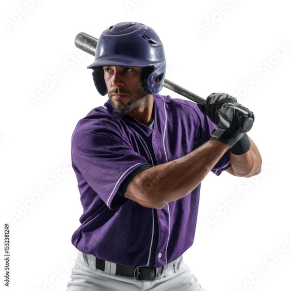 Fototapeta Baseball player in purple uniform holding bat looking to the side on a black background in studio shot