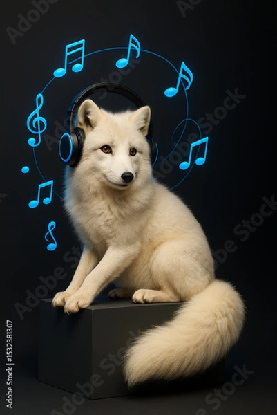 Obraz "Arctic Fox with Glowing Headphones | Minimalist Music Concept with 3D Notes on Dark Gradient"