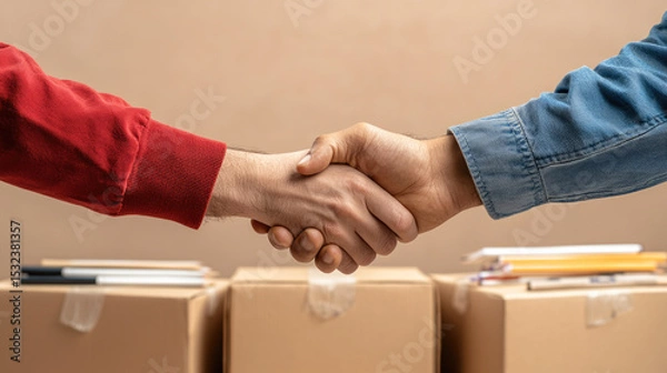 Obraz Handshake agreement partnership moving cardboard box teamwork trust cooperation closeup business
