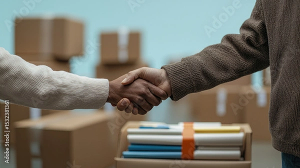 Obraz Two people shaking hands agreement partnership cardboard box document teamwork business deal cooperation