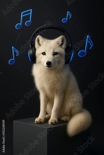 Obraz "Arctic Fox with Glowing Headphones | Minimalist Music Concept with 3D Notes on Dark Gradient"