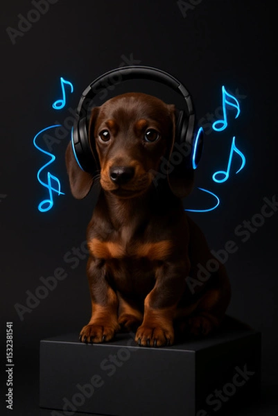 Obraz "Puppy with shining headphones | Minimalist music concept with 3D notes on dark gradient"
