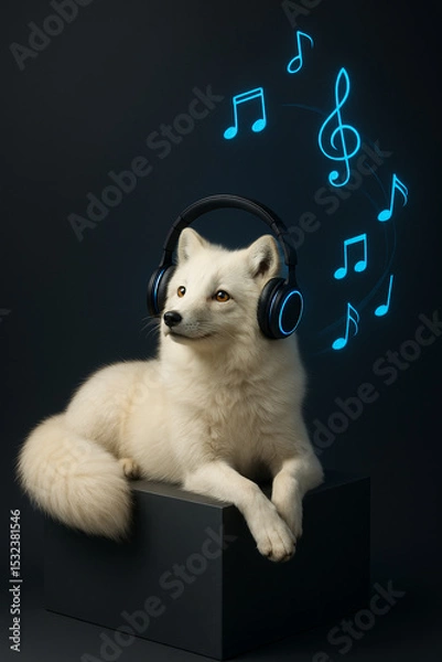 Obraz "Arctic Fox with Glowing Headphones | Minimalist Music Concept with 3D Notes on Dark Gradient"
