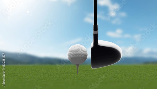 Obraz golf ball on tee with clear sky and sunlight