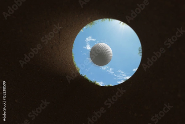 Obraz Golf ball falling into the hole from inside the cup view