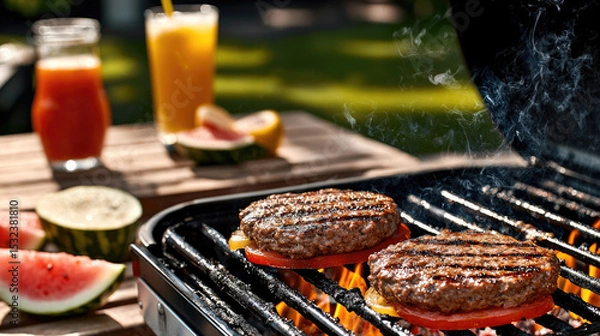 Obraz Grilled beef burger patties on barbecue with tomato slice, watermelon, and juice in summer backyard party