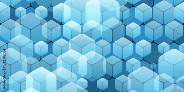 Fototapeta A geometric pattern of repeating cubes of various sizes on a hexagonal grid and with subtle blue gradients. The 3D effect adds depth, creating a modern and versatile background design.