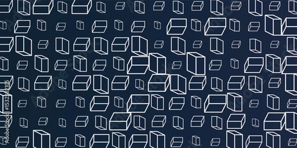 Fototapeta A vibrant abstract pattern of layers of repeating 3D cubes in white and grey, placed on a dark blue background. The bold geometric design and contrasting colors create a striking modern visual.