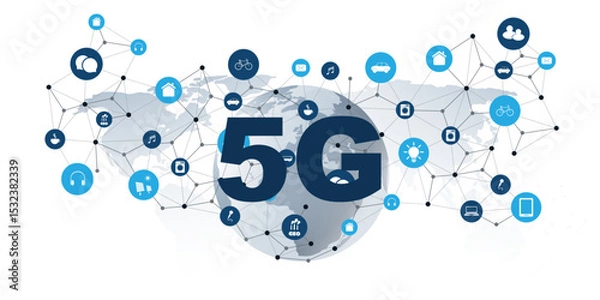 Fototapeta An illustration of 5G wireless network technology and Internet of Things (IoT), featuring a global world map background, connected smart devices, and icons for mobility, communication, and automation