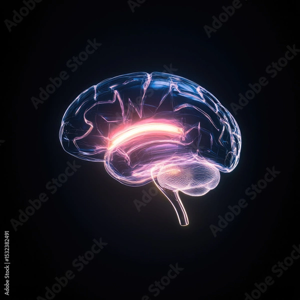 Obraz Futuristic brain illustration, glowing neural pathway, digital art, side view, black background, science concept