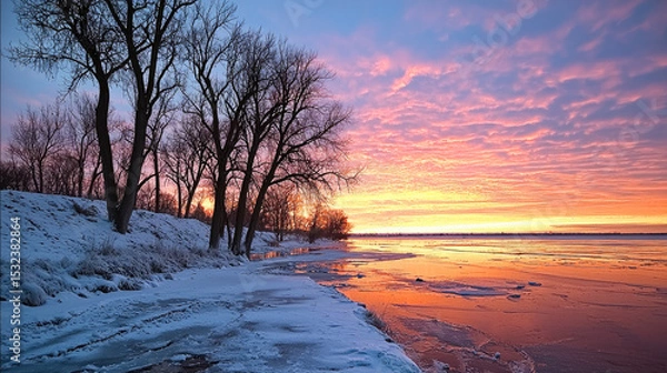 Obraz Frozen river winter landscape sunset sky bare tree snow bank colorful cloud tranquil serene view