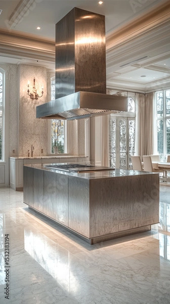 Obraz Modern kitchen with stainless steel island, marble floor, large windows, and hovering range hood, elegant and bright space