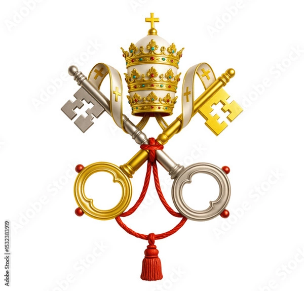 Fototapeta Realistic 3D Vatican Coat of Arms with Papal Tiara and Keys - 3D Render of Vatican Emblem with Crossed Keys and Papal Crown