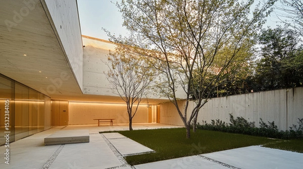 Obraz Modern style warm courtyard with minimalist concrete walls, green grass, trees, and natural light, peaceful atmosphere