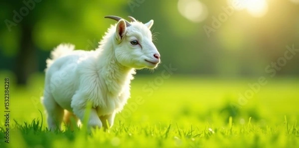 Obraz White angora goat enjoying fresh green grass in sunny field , vegetation, farm