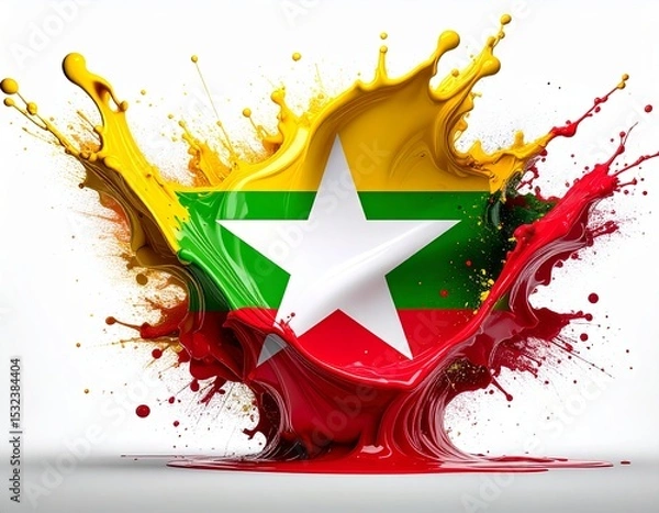 Fototapeta flag of Myanmar, illustrated with splashes of yellow, red, and green paint. The vivid colors create a lively and dynamic effect.
