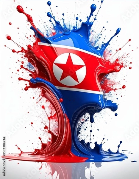 Fototapeta flag of North Korea depicted with a dynamic splash of red and blue paint. The vibrant colors create a sense of movement and energy, travel concept.
