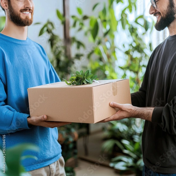 Obraz Two men exchanging cardboard box with small plant on top, surrounded by indoor greenery, smiling warmly