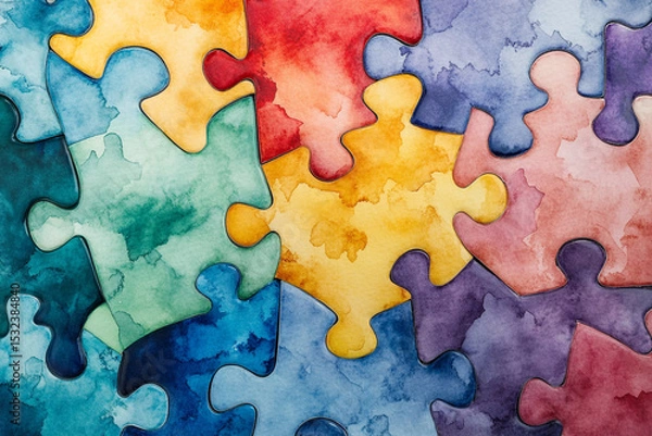Fototapeta Colorful watercolor puzzle pieces interlocking together forming a vibrant pattern