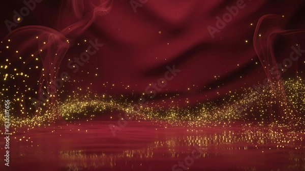 Fototapeta Luxurious red velvet background with floating golden sparkles and ethereal smoke in magical festive ambiance