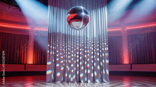 Fototapeta Retro dance floor with disco ball reflections on silver curtains and red ambient lighting in circular nightclub interior