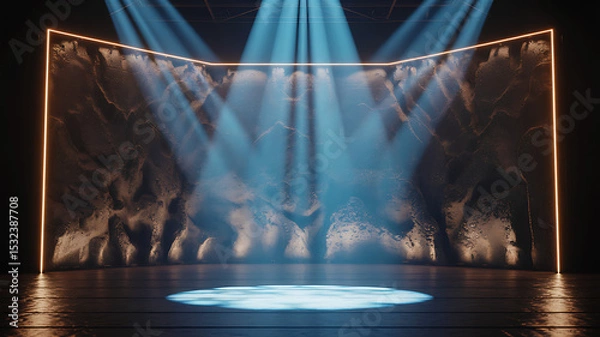 Fototapeta Futuristic stage with textured wall, glowing orange border lights and dramatic blue spotlights on wooden floor