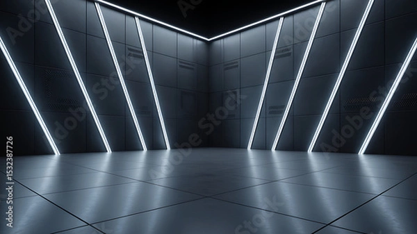 Fototapeta Futuristic empty room with glowing diagonal light panels and tiled floor in dark sci-fi interior