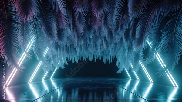 Fototapeta Futuristic runway with glowing diagonal neon lights and surreal ceiling of blue and violet palm leaves