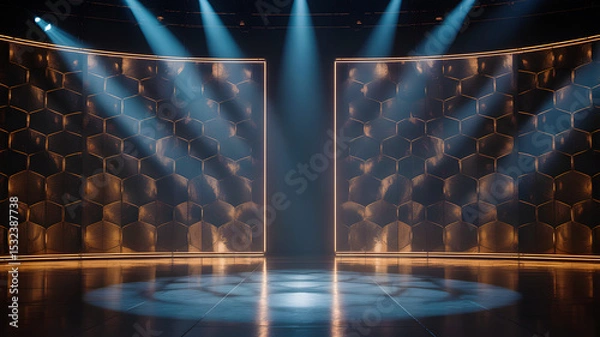 Fototapeta Futuristic stage with glowing honeycomb wall pattern and dramatic spotlights in dark high-tech interior