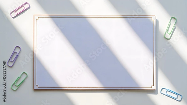 Fototapeta Blank notepad with gold border and colorful paper clips on white desk with soft diagonal shadows in sunlight