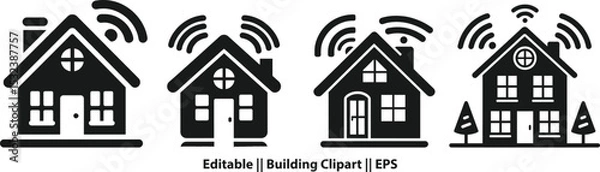 Obraz Smart Home Silhouette Icon – Rooflines, Windows & Wi-Fi Signal in Flat Modern Design