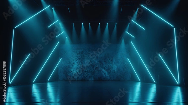 Fototapeta Futuristic dark room with glowing blue neon light lines and reflective floor in abstract sci-fi interior
